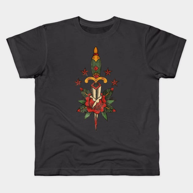 American Traditional Rose and Dagger Kids T-Shirt by OldSalt